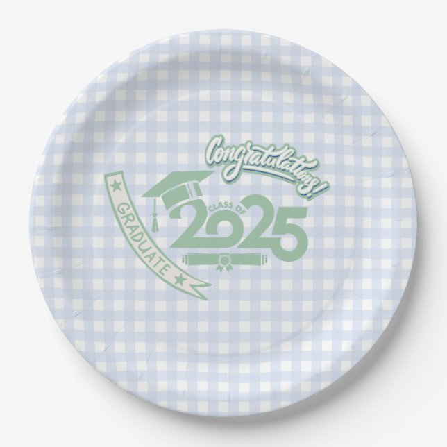 Faye and Lauren Light Blue Gingham Graduation 2025 Paper Plates (Front)