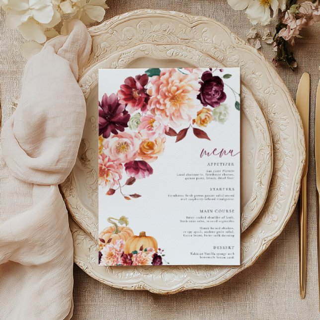 Faye Burgundy Fall Floral Menu Invitation (Creator Uploaded)