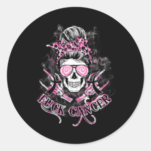 Fck Cancer Skull Messy Bun Pink Breast Cancer Awar Classic Round Sticker