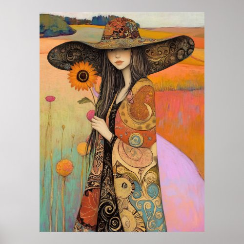 *~* FD2 11 Whimsical  Fall Girl Autumn Retro Flowe Poster