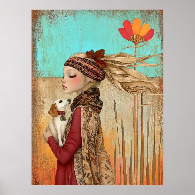*~* FD2 Dog Fall Whimsical Girl Autumn Retro 15 Poster (Front)