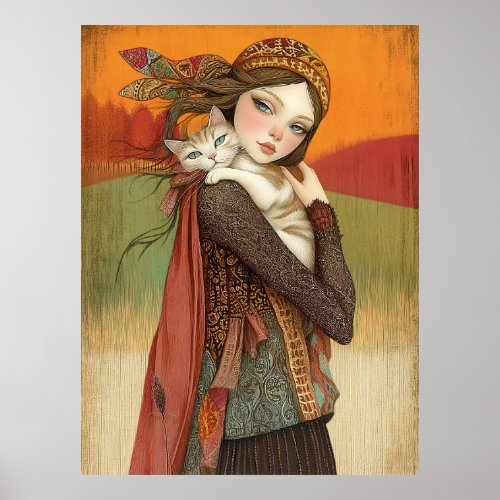 *~* FD2  Fall  Girl Autumn Retro Cat Kitten  17 Poster