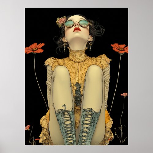 FD2 Retro Whimsical Girl Art 26 Vintage Floral  Poster