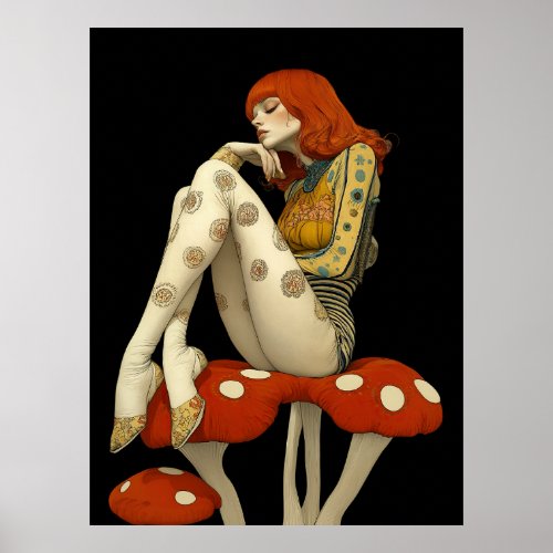 FD2 Retro Whimsical Girl Art 32 Vintage Floral  Poster