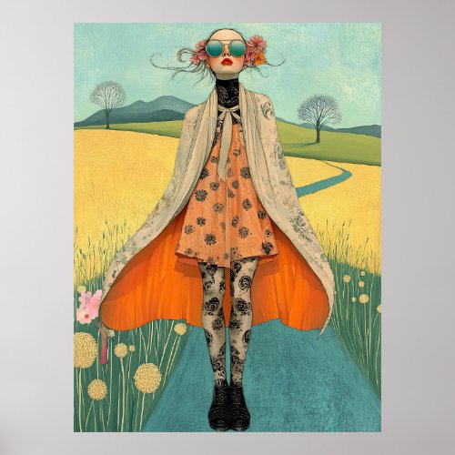 FD2 Retro Whimsical Girl Art Vintage Floral 16 Poster