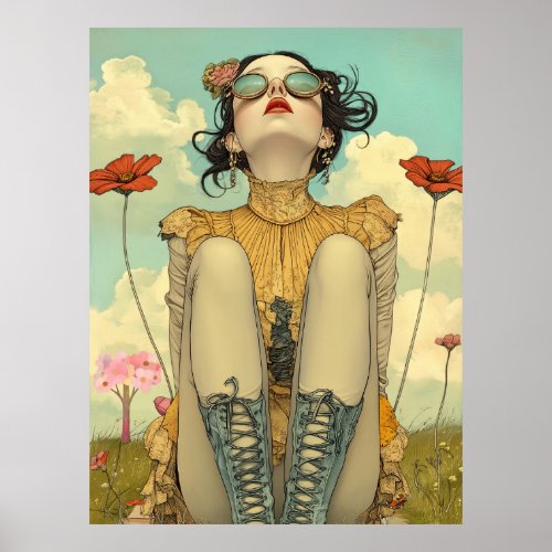 FD2 Retro Whimsical Girl Art Vintage Floral 26 Poster