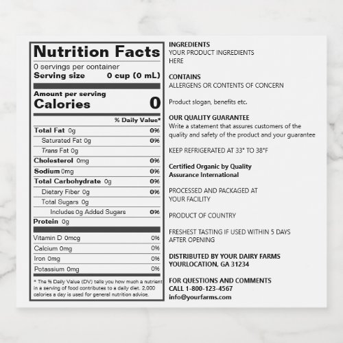 FDA Compliant Blank Custom Nutrition Food Label