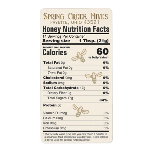 FDA Compliant Nutrition Fact Honey Label with Bees