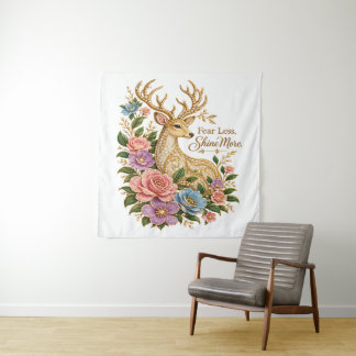 Fear Less Shine More: Ornamental Floral Deer Tapestry