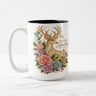 Fear Less Shine More: Ornamental Floral Deer Two-Tone Coffee Mug