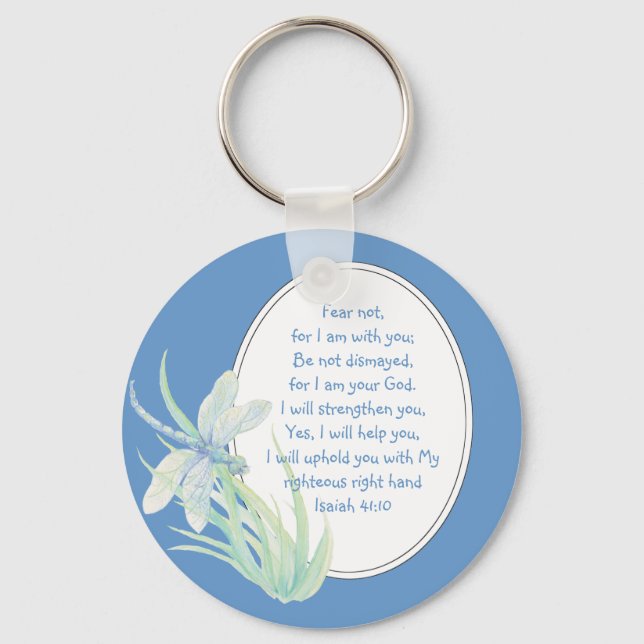 Fear Not, Isaiah Scripture Dragonfly Blue, Green Keychain (Front)