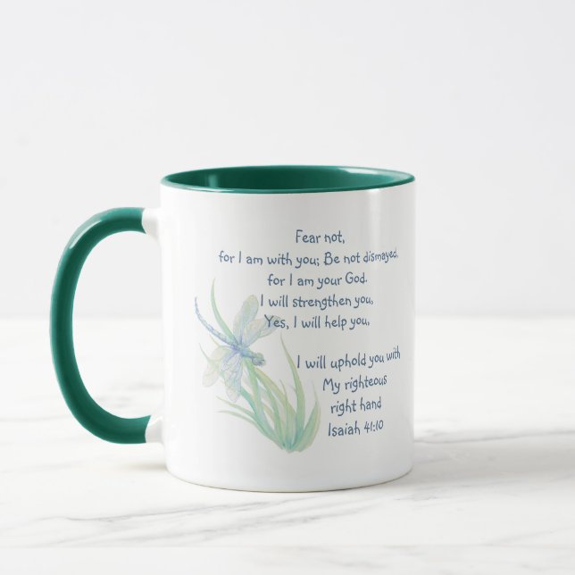 Fear Not, Isaiah Scripture Dragonfly Blue, Green  Mug (Left)