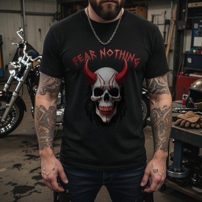 Fear Nothing Red Horned Skull Graphic T-Shirt (Creator Uploaded)