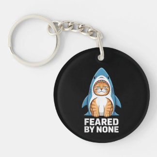 Feared By None Funny Cat in Shark Costume Humor Keychain