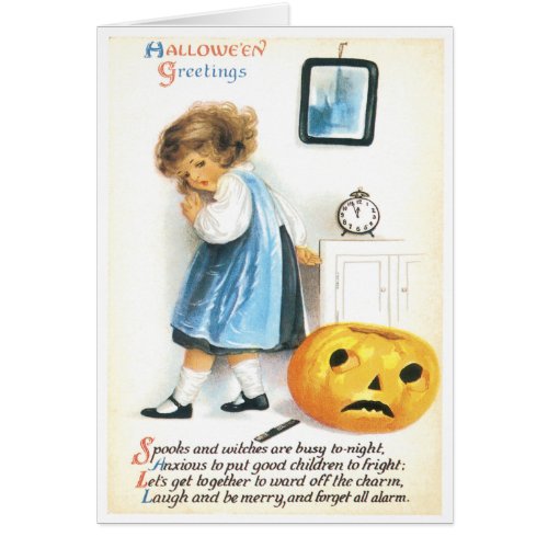 Fearful Little Girl And Sad Pumpkin Vintage Card