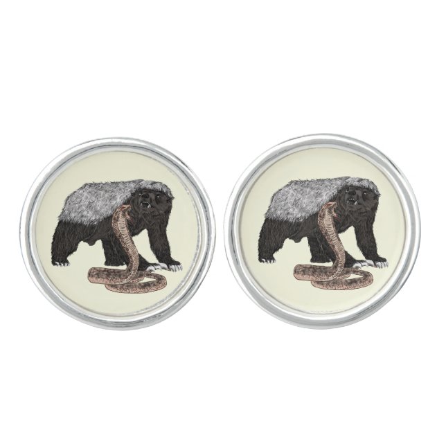 Fearless Badass Honey Badger a attacking Cobra Art Cufflinks (Front)
