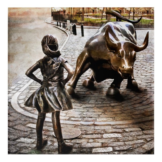 Fearless Girl Faces Down Rampaging Bull Acrylic Print (Front)