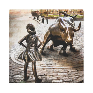 Fearless Girl Faces Down Rampaging Bull Metal Print