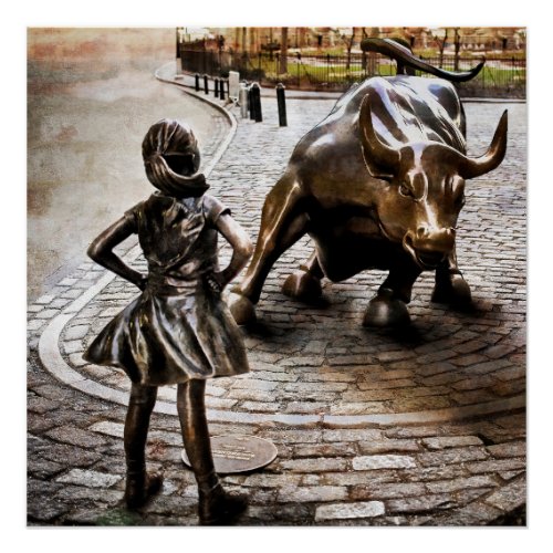 Fearless Girl Faces Down Rampaging Bull Poster