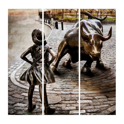 Fearless Girl Faces Down Rampaging Bull Triptych