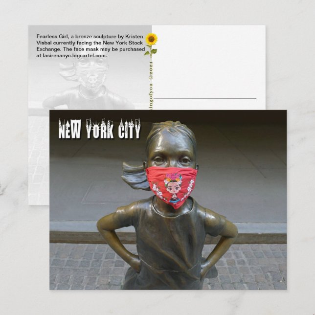 Fearless Girl w/embroidered mask, NYC - H postcard (Front/Back)