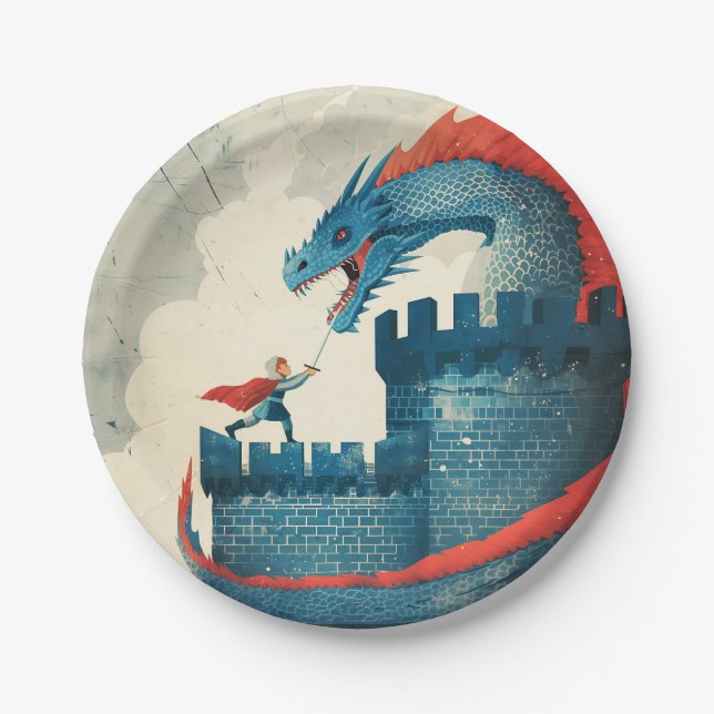 Fearless Knight and Dragon Birthday Party Paper Plates (Front)