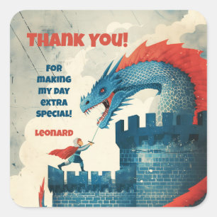 Fearless Knight and Dragon Birthday Party Square Sticker