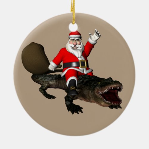 Fearless Santa Claus Riding An Alligator Ceramic Ornament