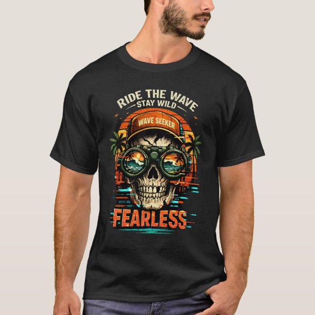 Fearless Skull Surf T-Shirt Retro Glitch Design  (Front)