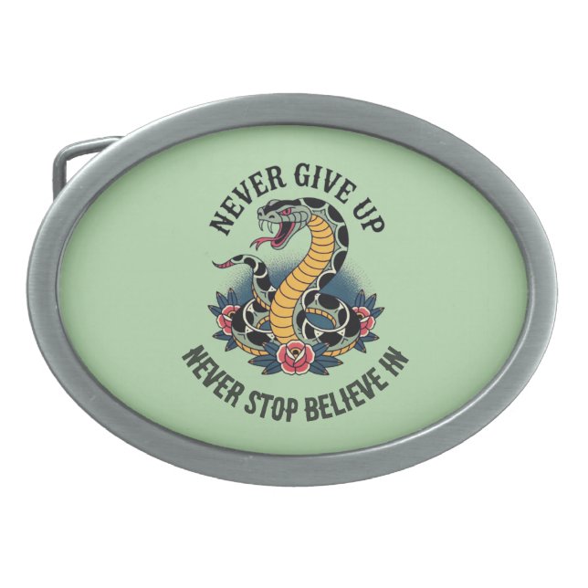 Fearless Spirit: Bold Snake and Roses Artwork Belt Buckle (Front)