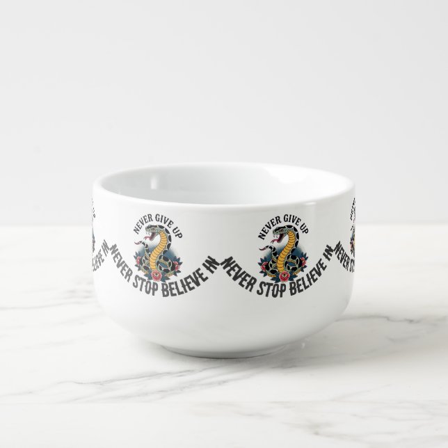 Fearless Spirit: Bold Snake and Roses Artwork Soup Mug (Front)