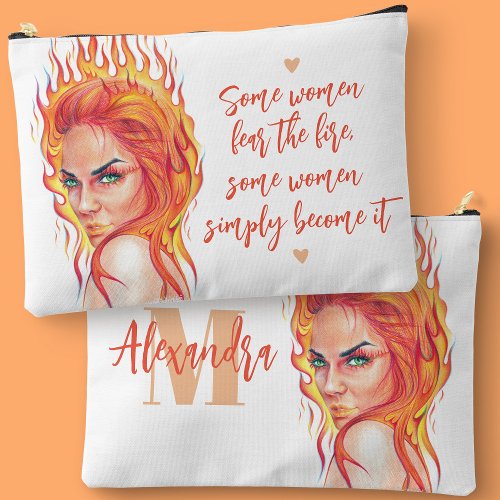 Fearless Woman Fantasy Flames Fire Quote Monogram Accessory Pouch