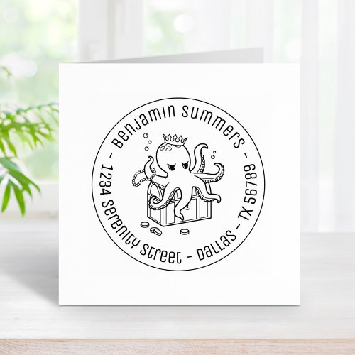 Fearsome Octopus Guarding Treasure Address Rubber Stamp