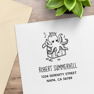 Fearsome Octopus Guarding Treasure Chest Address Rubber Stamp