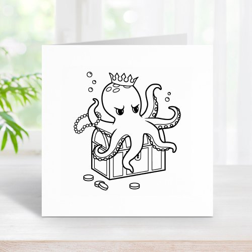 Fearsome Octopus Guarding Treasure Chest Rubber Stamp