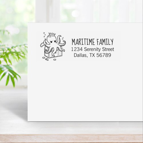 Fearsome Octopus Guarding Treasure Family Address Rubber Stamp