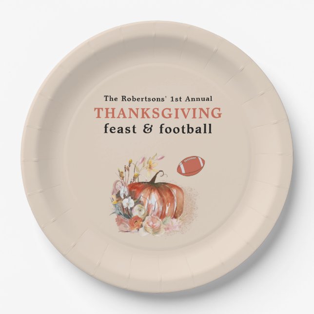 Feast and Football Thanksgiving Dinner Light Peach Paper Plates (Front)