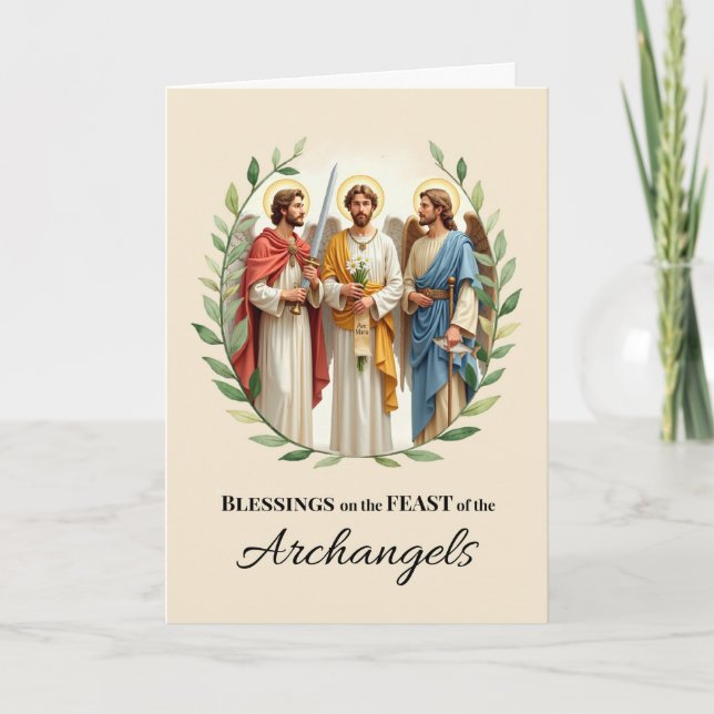 Feast Day Blessings of the Archangels Leafy Wreath Card (Front)