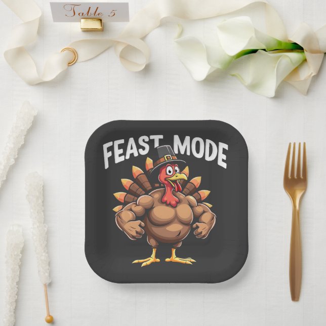 Feast mode Funny Thanksgiving Turkey Fitness Meal Paper Plates (Wedding)