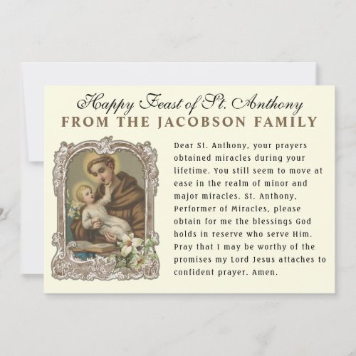 Feast of St Anthony Padua Catholic  Prayer Card