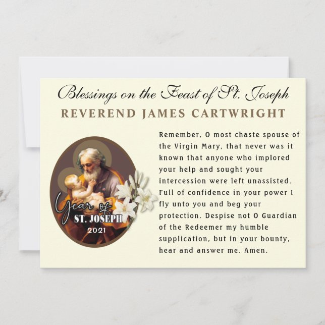 Feast of St. Joseph Catholic Memorare Prayer Card (Front)