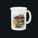 Feasting Chipmunk Pitcher<br><div class="desc">This white porcelain pitcher features a cute little chipmunk stuffing his cheeks as fast as he can on a snowy day. The image is repeated on the right and left sides.</div>