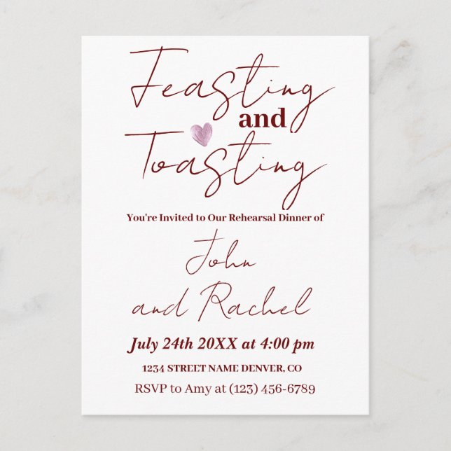 Feasting & Toasting Rehearsal Dinner Minimalist Postcard (Front)