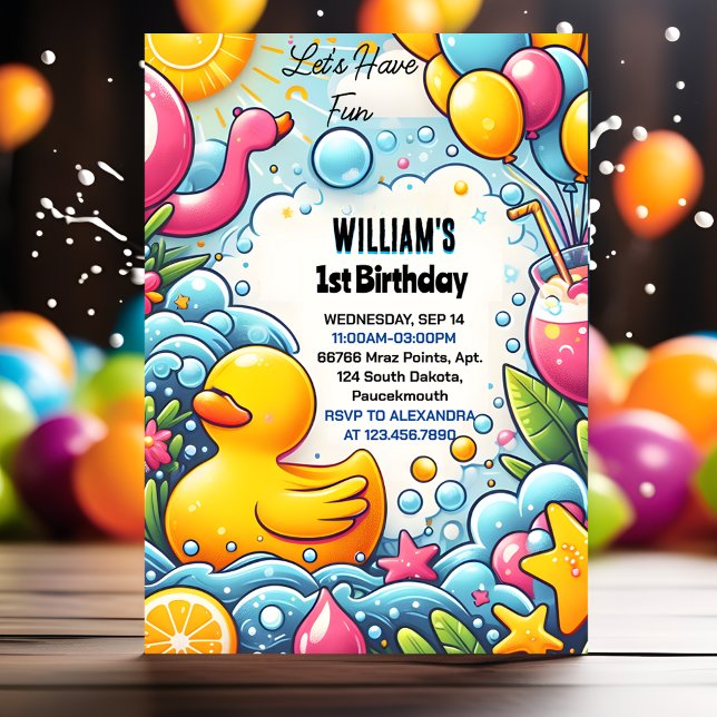 Feat Splash Bubbles Summer Duck Foam 1st Birthday Invitation (Creator Uploaded)