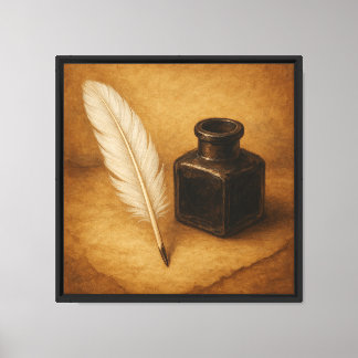 Feather and Ink Bottle Still Life Canvas Print