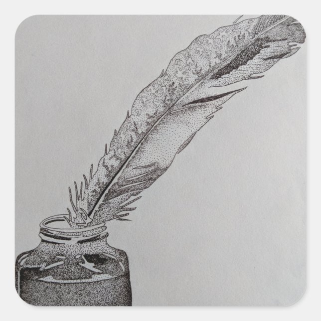 Feather and ink, Pen and ink, Feather art, Drawing Square Sticker (Front)