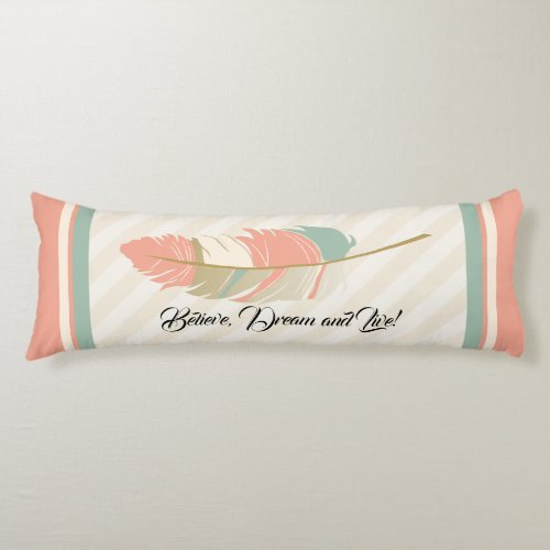 Feather and Stripes in Coral Cream and Mint Green Body Pillow