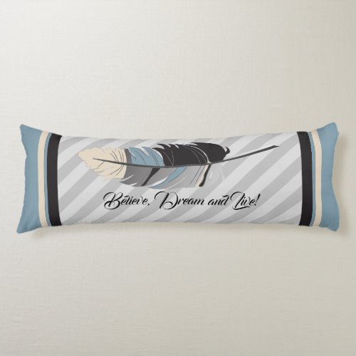 Feather and Stripes in Gray Black and Blue Body Pillow