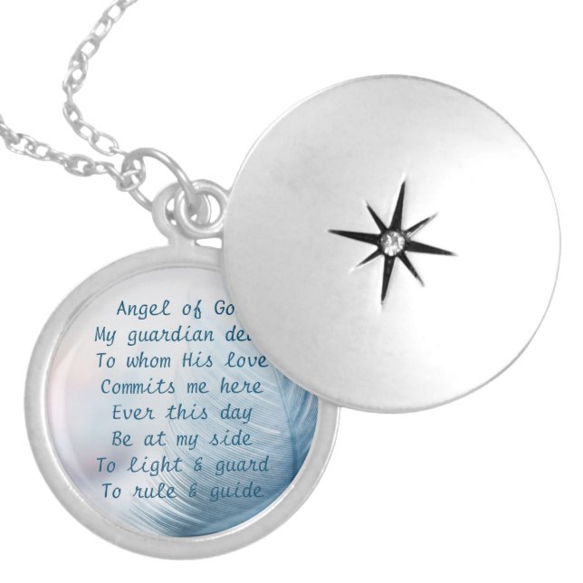 Feather Angel of God Christian Prayer Locket Necklace (Front)