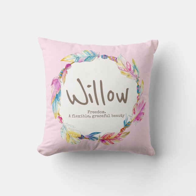 Feather bead watercolor name meaning willow pillow (Front)